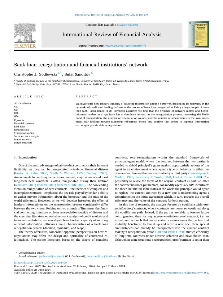 Published article: Bank Loan Renegotiation and Financial Institutions’ Network