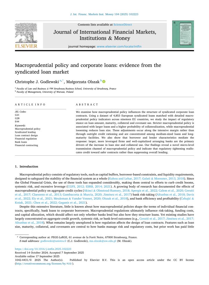 Published article: Macroprudential Policy and Corporate Loans: Evidence from the Syndicated Loan Market