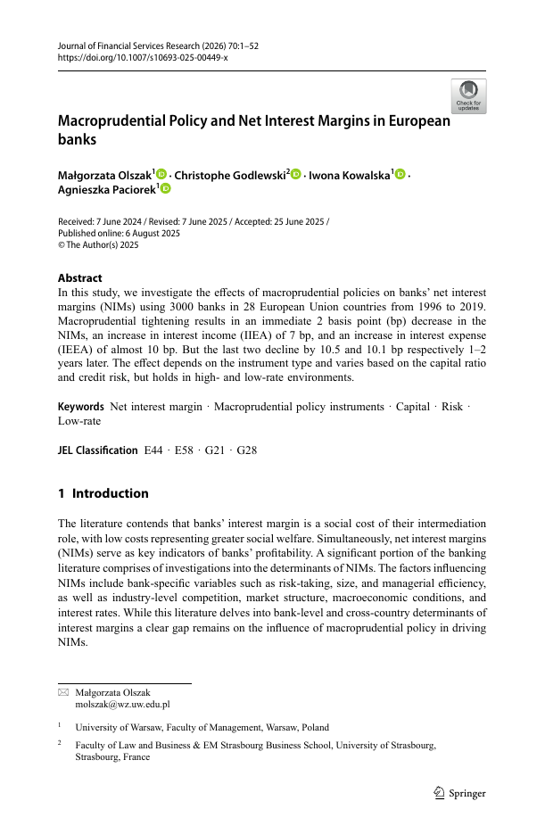 Published article: Macroprudential Policy and Net Interest Margins in European Banks