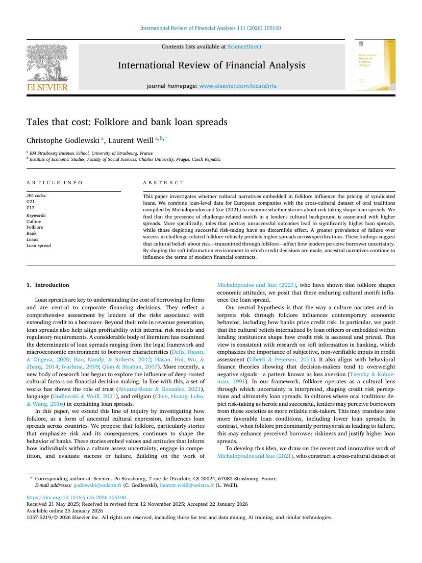 Published article: Tales that Cost: Folklore and Bank Loan Spreads